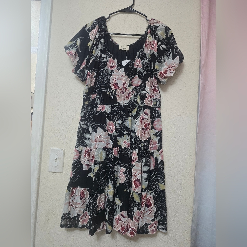Black Floral Midi Dress with Pink Blooms